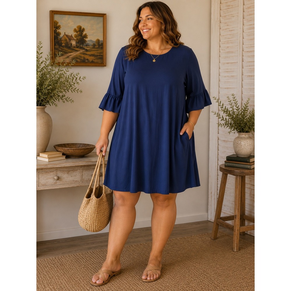 Old Navy XL Blue Rayon Ruffle Bell Flowy Sleeve Shift Dress Boho Mini XL
